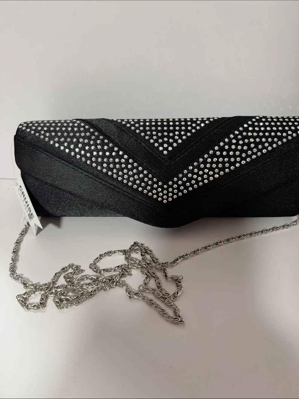 Crystal-Studded Black Evening Clutch with Removable Chain